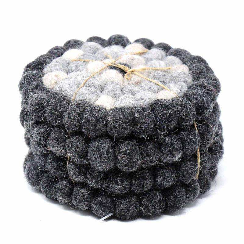 Hand Crafted Felt Ball Coasters from Nepal: 4-pack, Flower Black/Grey - Global Groove (T) - Global Groove - Flyclothing LLC