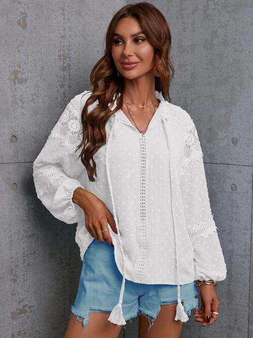 Crochet Tassel Tie Neck Long Sleeve Blouse - Trendsi - Flyclothing LLC