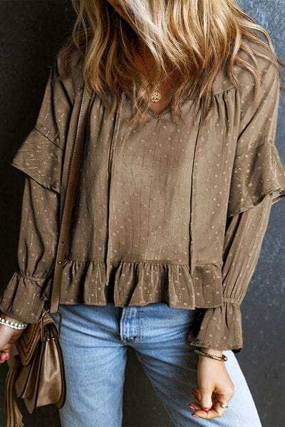 Swiss Dot Tie Neck Flounce Sleeve Blouse - Trendsi - Flyclothing LLC