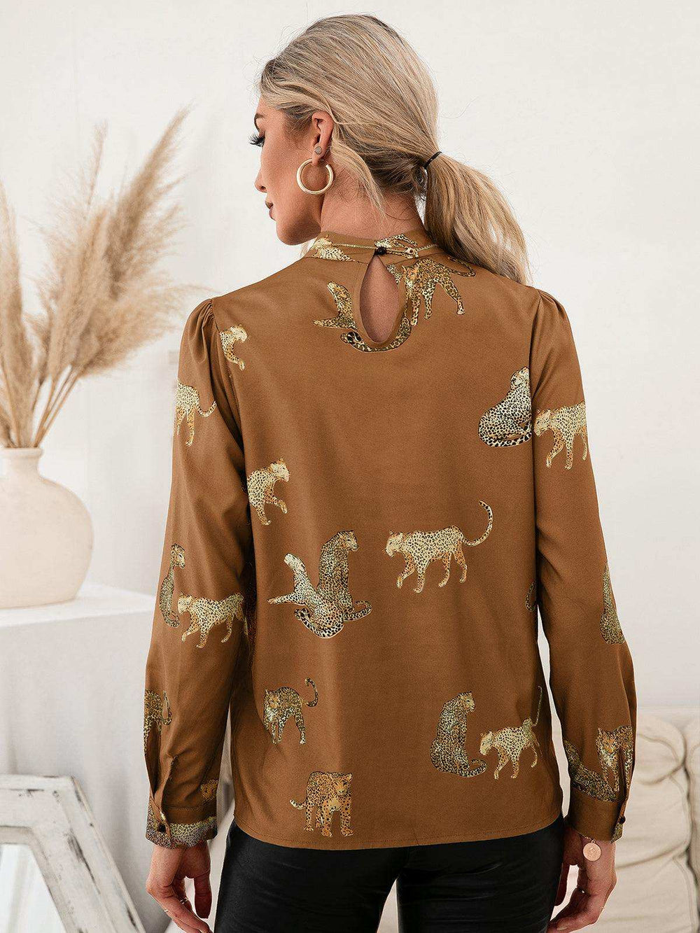 Leopard Graphic Mock Neck Puff Sleeve Blouse - Trendsi - Flyclothing LLC