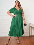 Plus Size Short Sleeve Surplice Neck Midi Dress - Trendsi - Flyclothing LLC