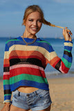 Rainbow Stripe Openwork Long Sleeve Cover-Up - Trendsi - Flyclothing LLC