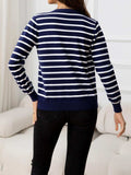 Striped Round Neck Long Sleeve Buttoned Knit Top - Trendsi - Flyclothing LLC