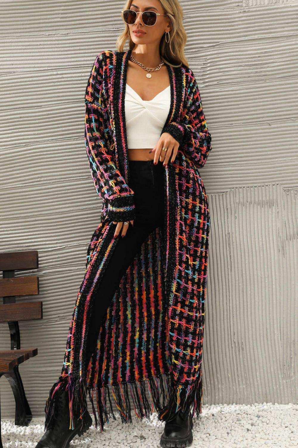 Multicolored Open Front Fringe Hem Cardigan - Trendsi - Flyclothing LLC