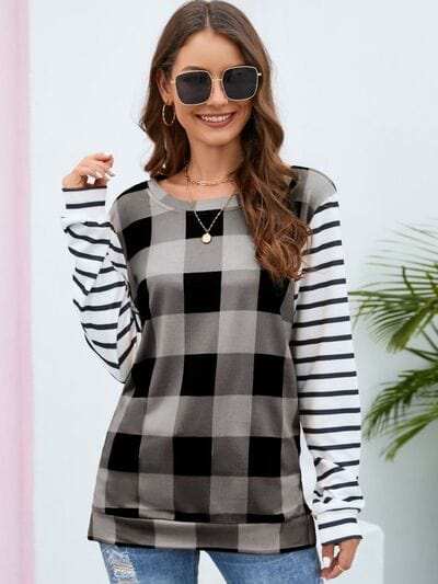 Plaid Striped Round Neck Long Sleeve T-Shirt - Trendsi - Flyclothing LLC
