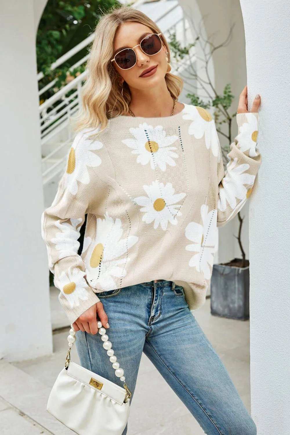 Daisy Print Openwork Round Neck Sweater - Trendsi - Flyclothing LLC