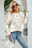 Daisy Print Openwork Round Neck Sweater - Trendsi - Flyclothing LLC