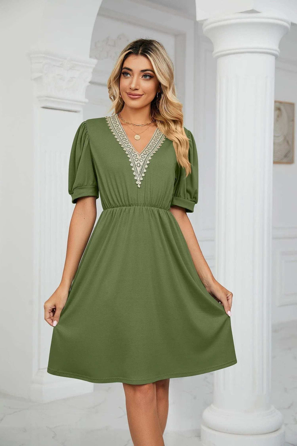 Contrast V-Neck Puff Sleeve Pocket Dress - Trendsi - Flyclothing LLC