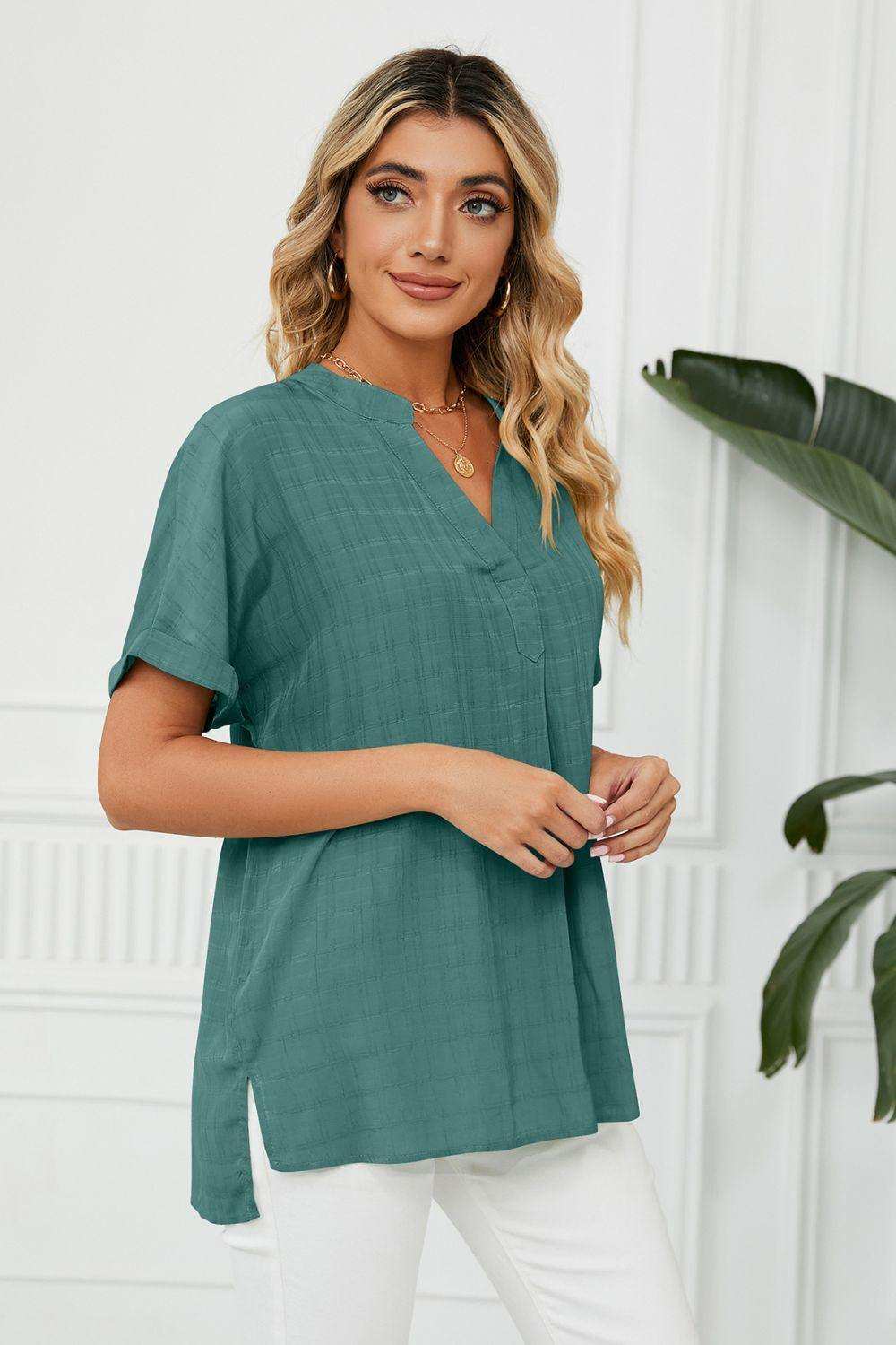 Side Slit Notched Neck Cuffed Short Sleeve Blouse - Trendsi - Flyclothing LLC
