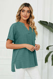 Side Slit Notched Neck Cuffed Short Sleeve Blouse - Trendsi - Flyclothing LLC