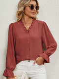 Button Up Flounce Sleeve V-Neck Shirt - Trendsi - Flyclothing LLC