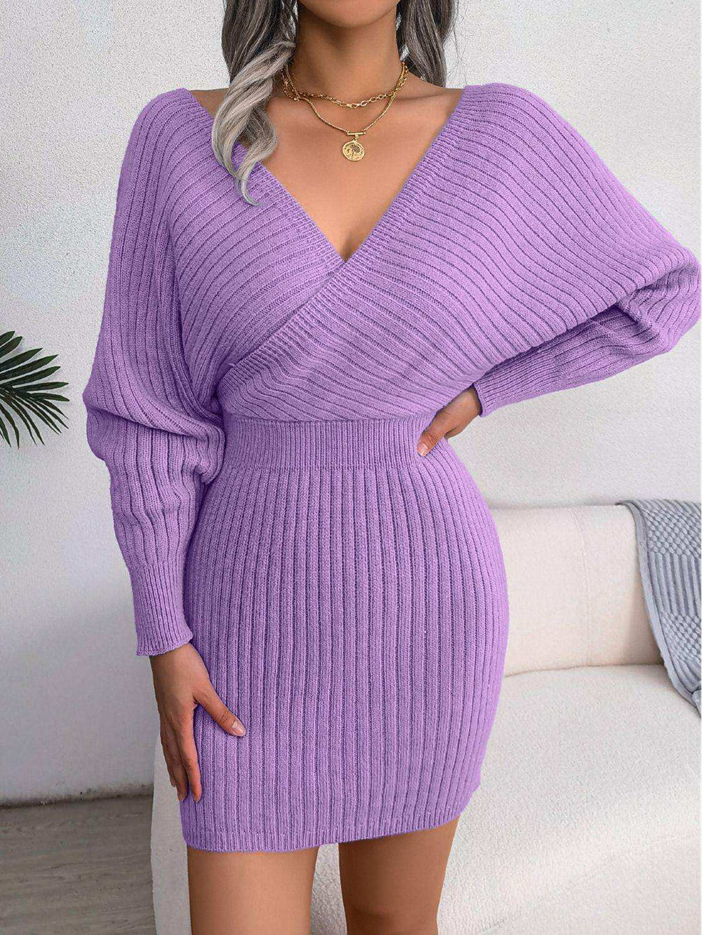 Rib-Knit Dolman Sleeve Sweater Dress - Trendsi - Flyclothing LLC