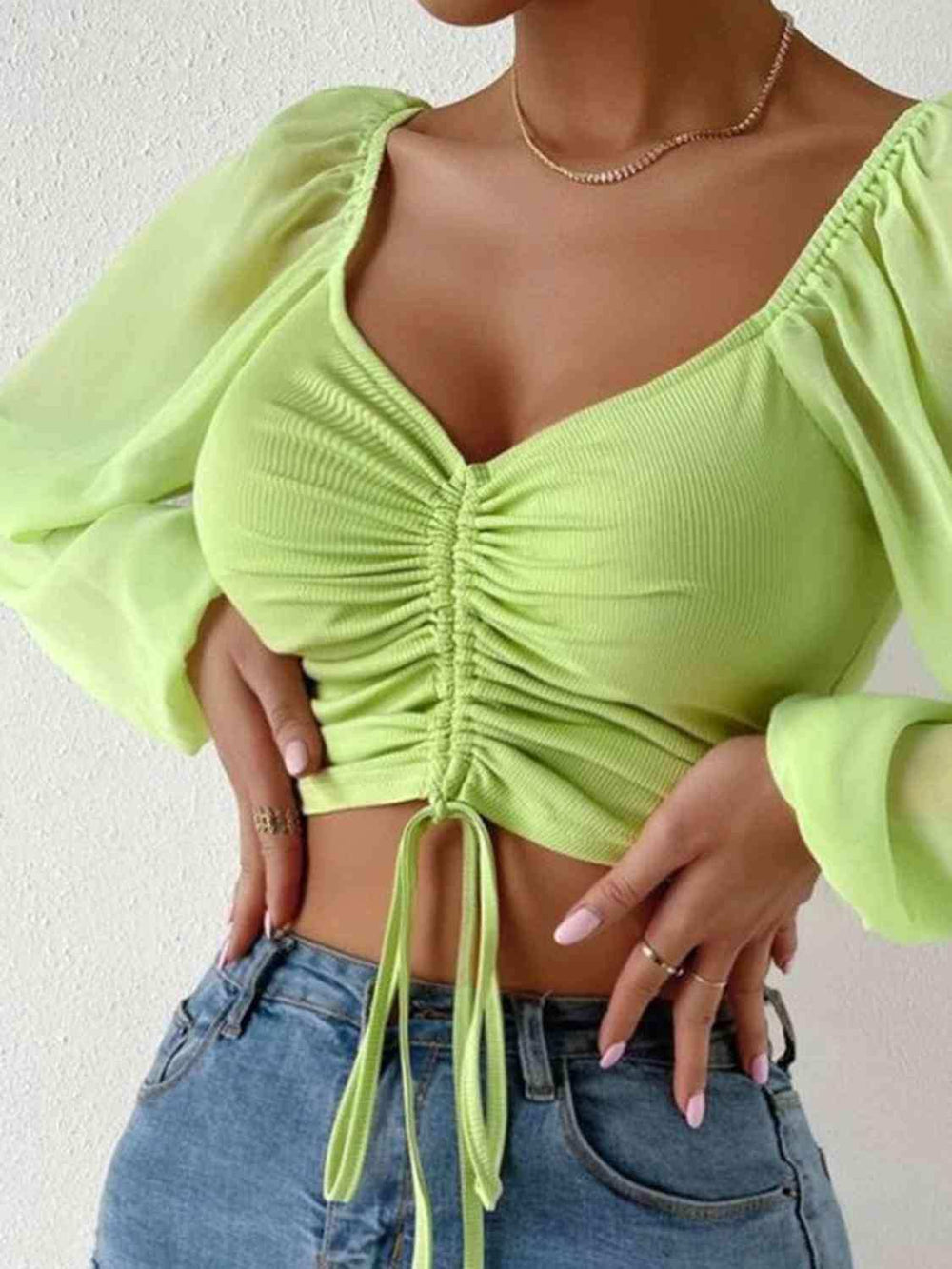 Drawstring Sweetheart Neck Cropped Top - Trendsi - Flyclothing LLC