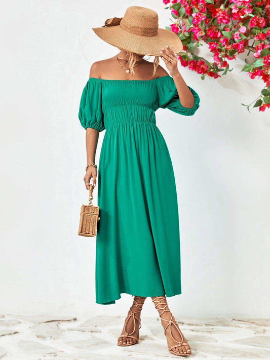 Off-Shoulder Balloon Sleeve Midi Dress - Trendsi - Flyclothing LLC