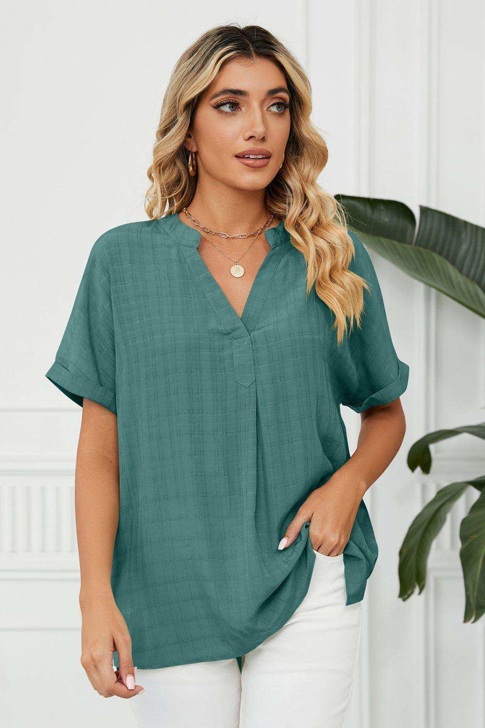Side Slit Notched Neck Cuffed Short Sleeve Blouse - Trendsi - Flyclothing LLC