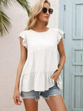Round Neck Flutter Sleeve Tiered Blouse - Trendsi - Flyclothing LLC