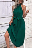 Tie Belt Pleated Midi Dress - Trendsi - Flyclothing LLC