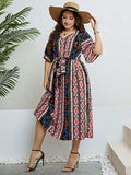 Plus Size Bohemian V-Neck Tie Belt Midi Dress - Trendsi - Flyclothing LLC
