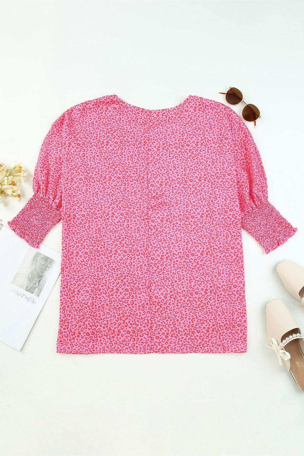 Leopard Smocked Flounce Sleeve Blouse - Trendsi - Flyclothing LLC