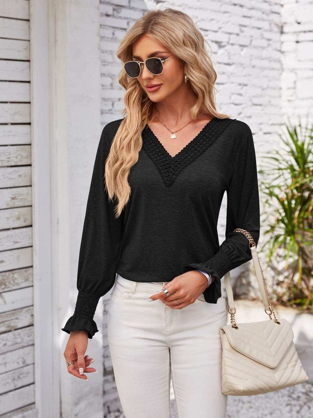Smocked V-Neck Long Sleeve Blouse - Trendsi - Flyclothing LLC