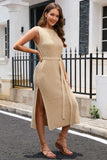 Round Neck Tie Belt Slit Sleeveless Sweater Dress - Trendsi - Flyclothing LLC