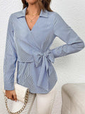 Bow Tie Waist Johnny Collar Neck Striped Blouse - Trendsi - Flyclothing LLC