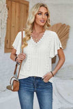 Eyelet Applique V-Neck Cap Sleeve T-Shirt - Trendsi - Flyclothing LLC