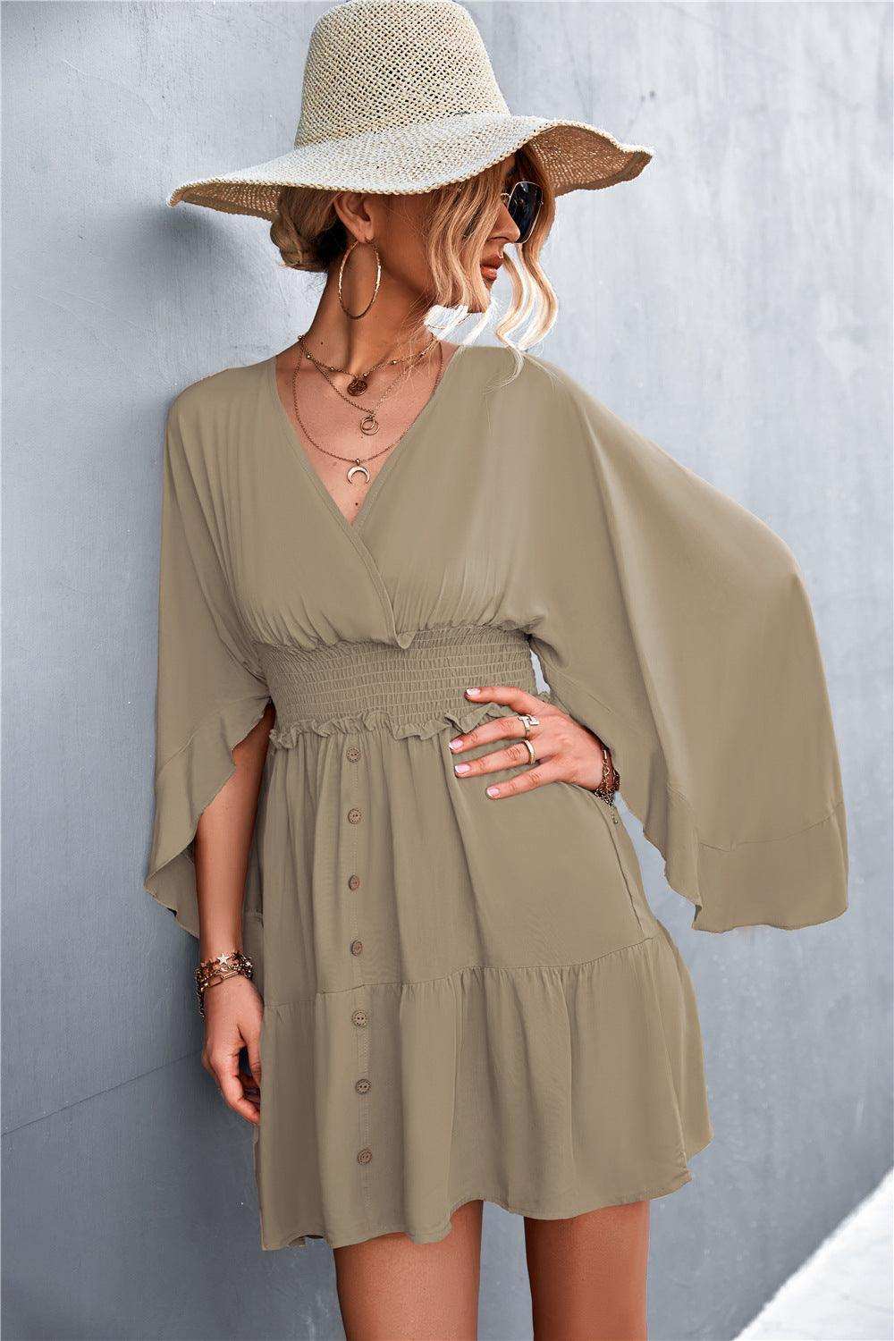 Decorative Button Smocked Waist Surplice Dress - Trendsi - Flyclothing LLC
