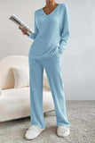 Ribbed V-Neck Top and Pants Set - Trendsi - Flyclothing LLC