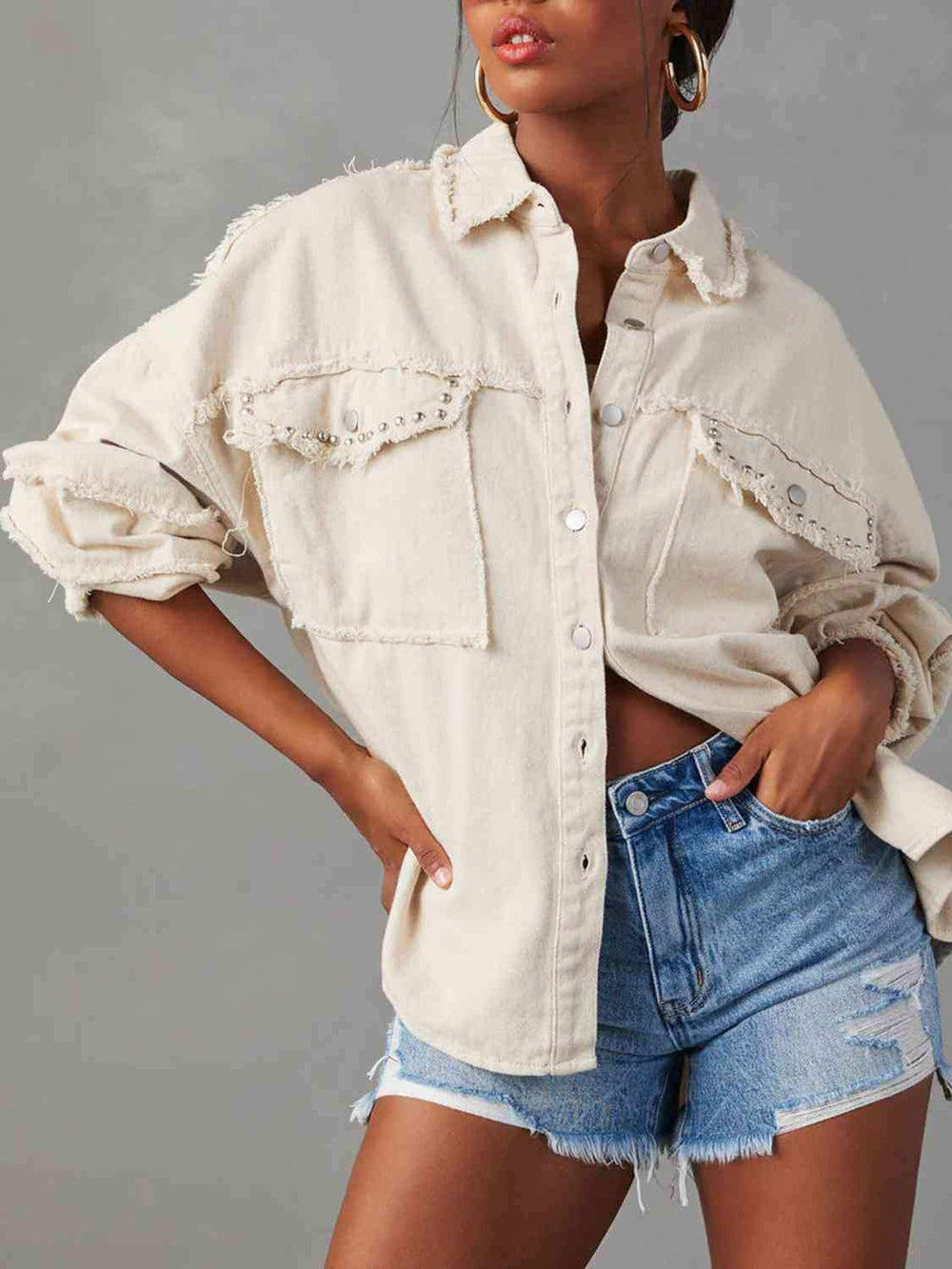 Button Down Raw Hem Denim Jacket - Trendsi - Flyclothing LLC