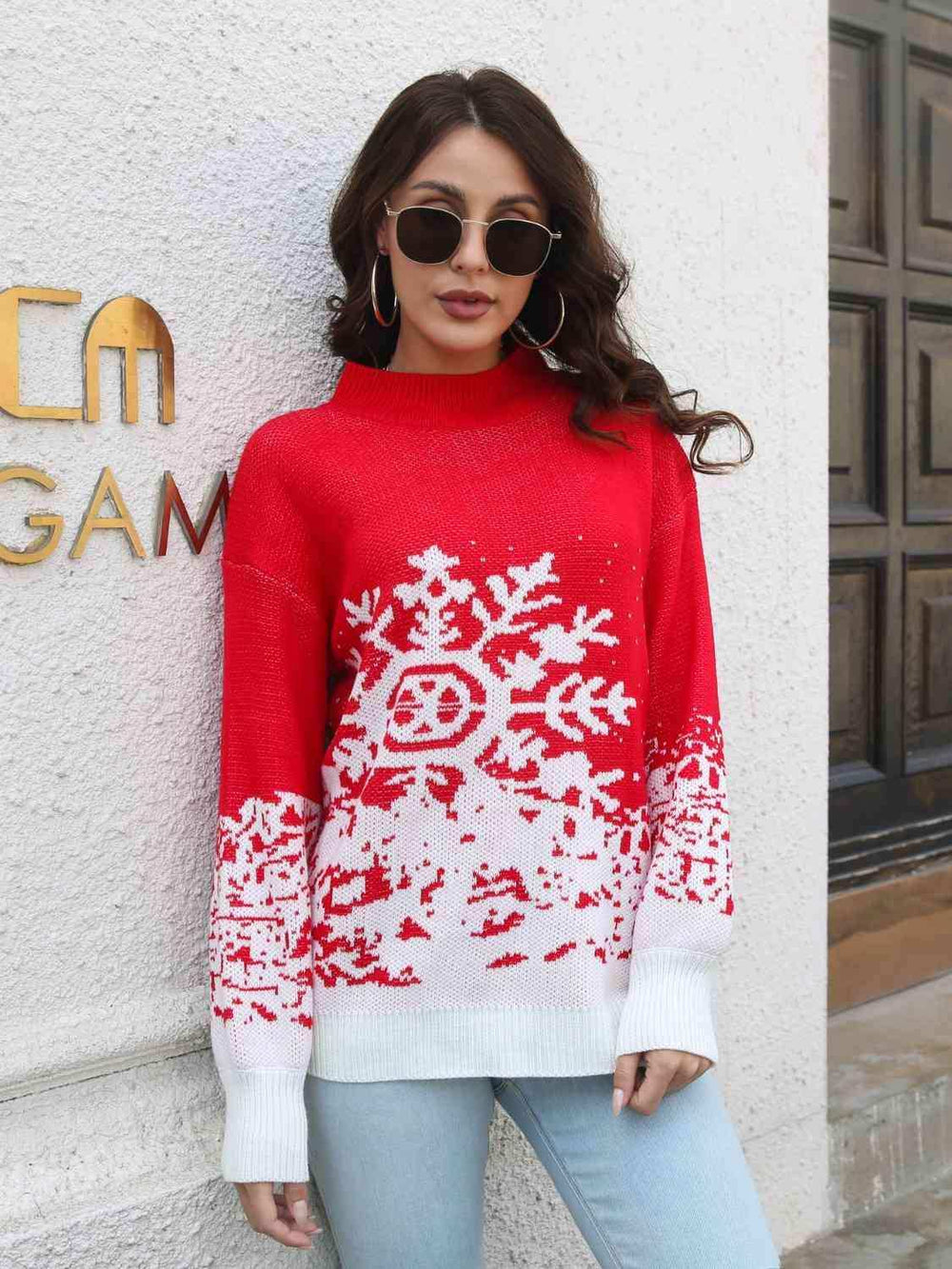 Snowflake Pattern Mock Neck Sweater - Trendsi - Flyclothing LLC