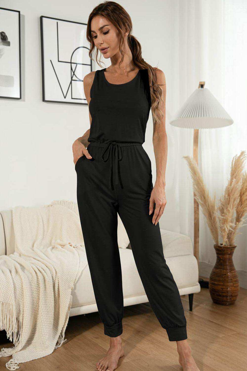 Drawstring Waist Round Neck Jogger Jumpsuit - Trendsi - Flyclothing LLC