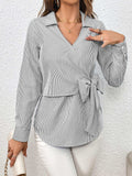 Bow Tie Waist Johnny Collar Neck Striped Blouse - Trendsi - Flyclothing LLC