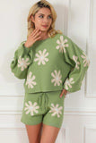 Flower Pattern Long Sleeve Sweater and Drawstring Shorts Set - Trendsi - Flyclothing LLC