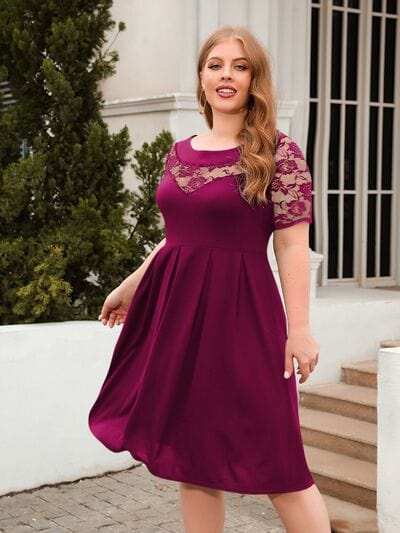 Plus Size Ruched Round Neck Short Sleeve Dress - Trendsi - Flyclothing LLC