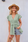 Buttoned V-Neck Ruffle Trim Top - Trendsi - Flyclothing LLC