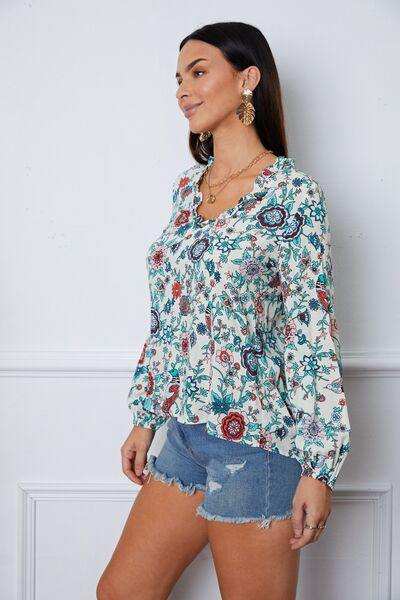 Floral Notched Long Sleeve Blouse - Trendsi - Flyclothing LLC