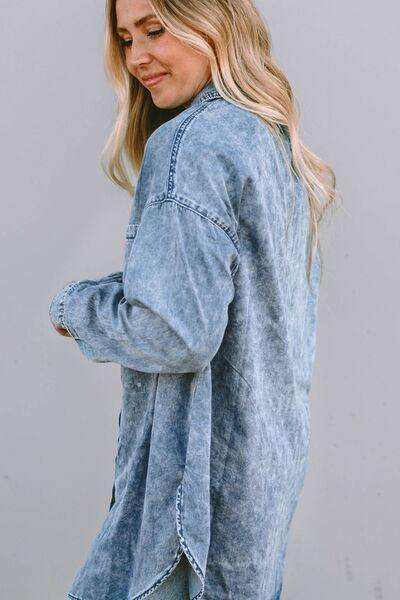 Button Up Dropped Shoulder Denim Top - Trendsi - Flyclothing LLC