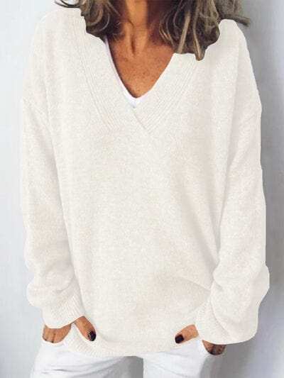 V-Neck Dropped Shoulder Sweater - Trendsi - Flyclothing LLC