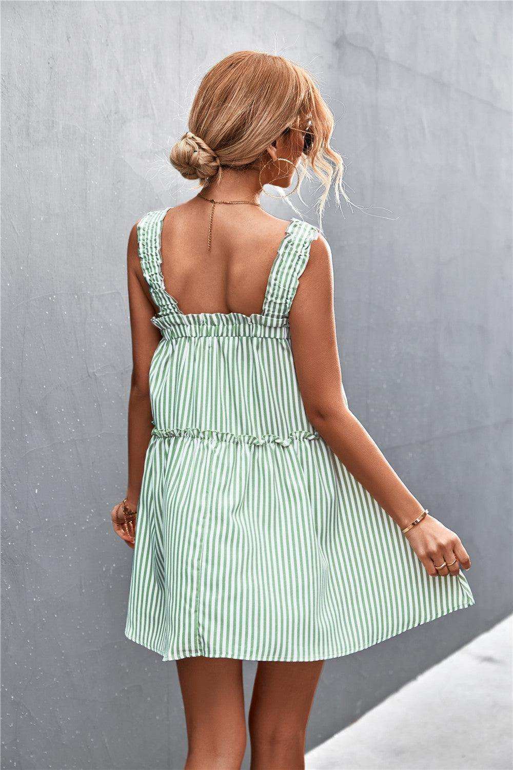 Striped Frill Trim Square Neck Dress - Trendsi - Flyclothing LLC
