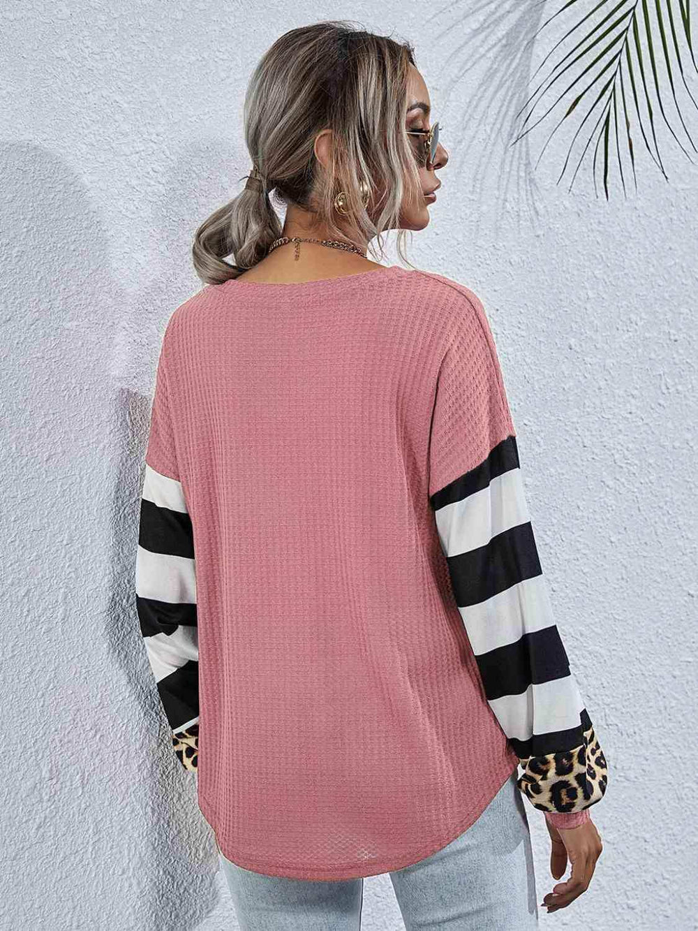 Leopard Striped Waffle-Knit Top - Trendsi - Flyclothing LLC