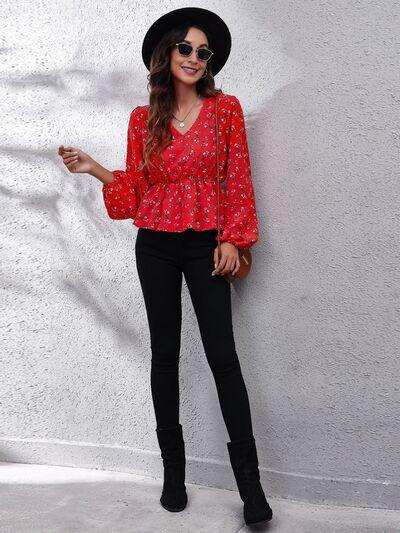 Floral V-Neck Balloon Sleeve Peplum Blouse - Trendsi - Flyclothing LLC