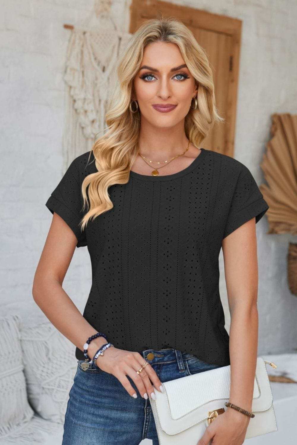 Eyelet Round Neck Rolled Short Sleeve T-Shirt - Trendsi - Flyclothing LLC