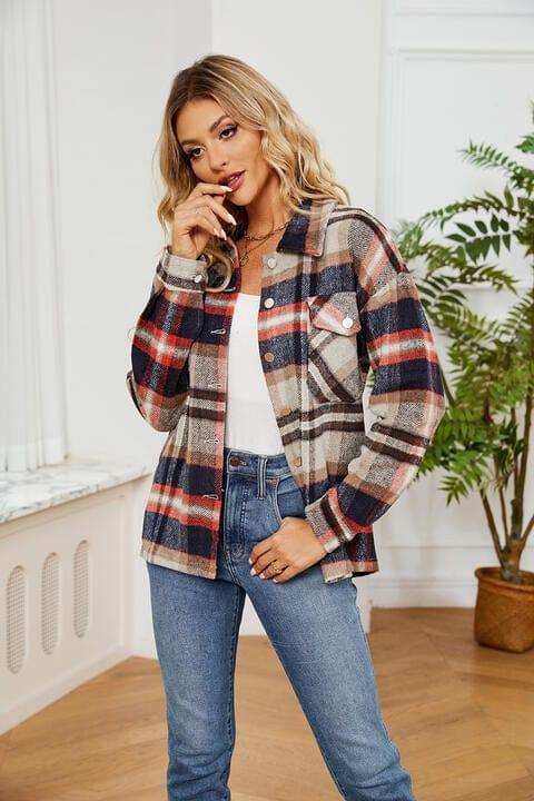 Collared Plaid Shacket - Trendsi - Flyclothing LLC