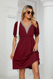 Contrast V-Neck Puff Sleeve Pocket Dress - Trendsi - Flyclothing LLC