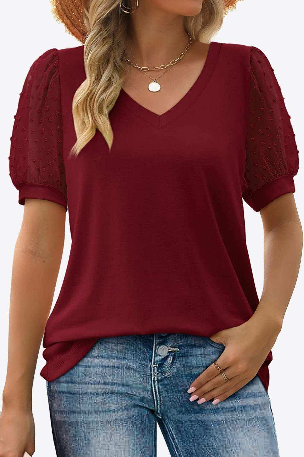 Swiss Dot Puff Sleeve V-Neck Tee - Trendsi - Flyclothing LLC
