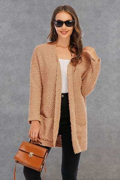 Pocketed Open Front Long Sleeve Cardigan - Trendsi - Flyclothing LLC