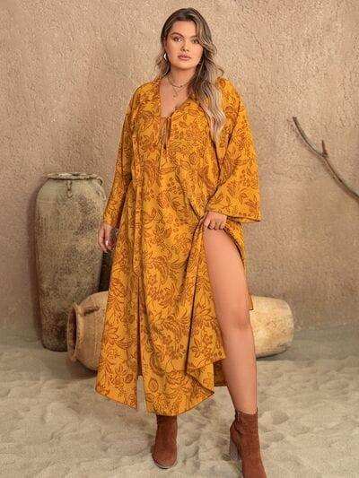 Plus Size Printed Slit Long Sleeve Dress - Trendsi - Flyclothing LLC