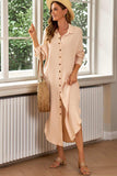 Button Front Textured Slit Shirt Dress - Trendsi - Flyclothing LLC
