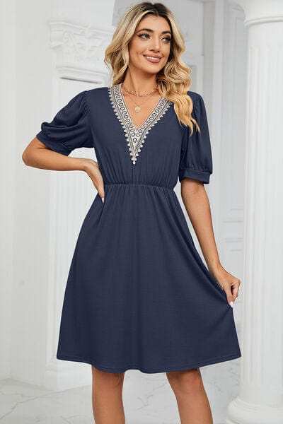V-Neck Puff Sleeve Dress - Trendsi - Flyclothing LLC
